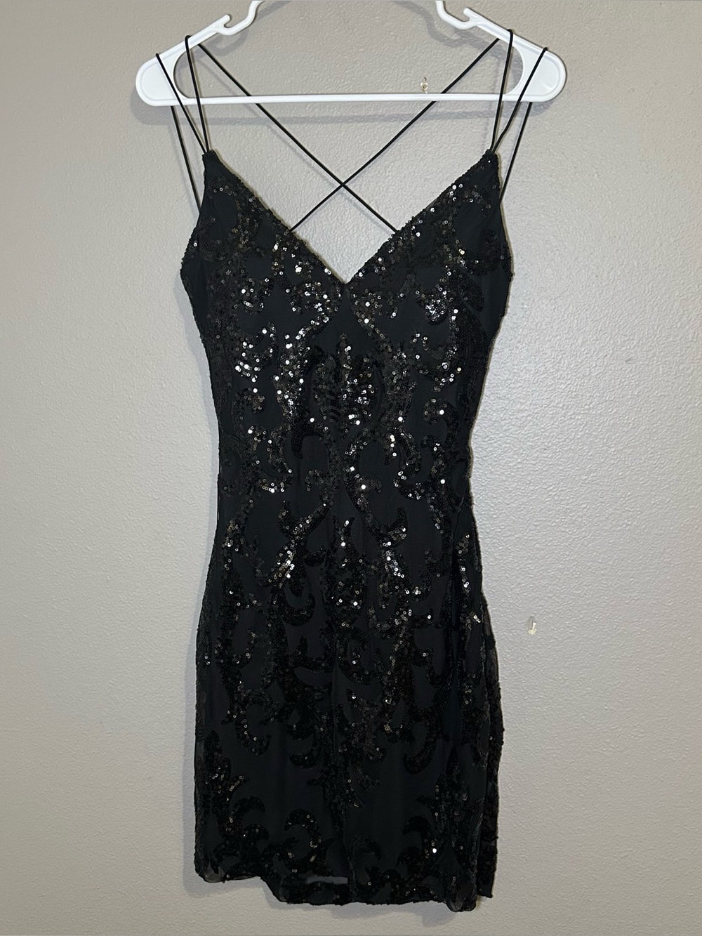 Windsor Black Sequin Damask Strappy Open Back Party Mini Dress Women Size Medium